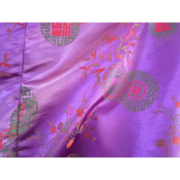 Asian Inspired Tie Front Kimono Robe Purple Red Green Brocade Damask Damage L XL - Picture 5 of 16